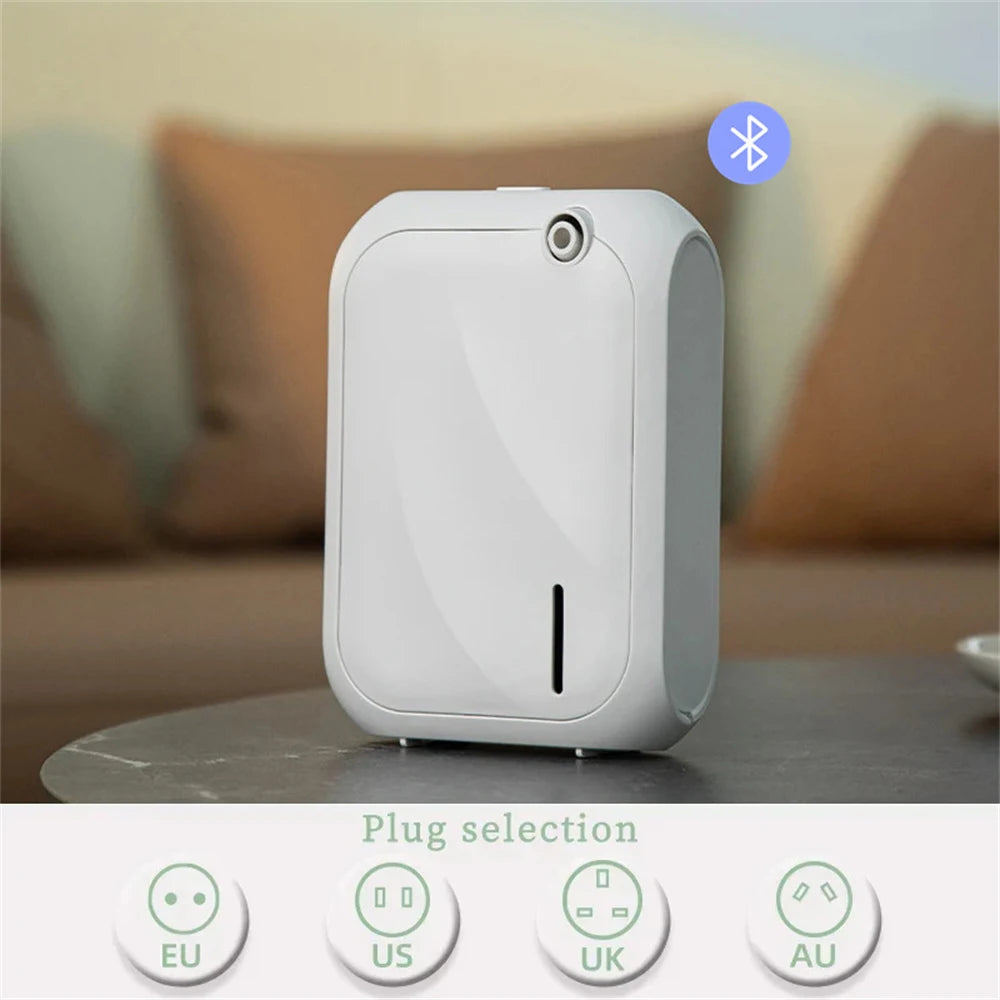 Wall-mounted smart aroma diffuser with Bluetooth for hands-free fragrance management, aromatherapy, and ambient scent use.