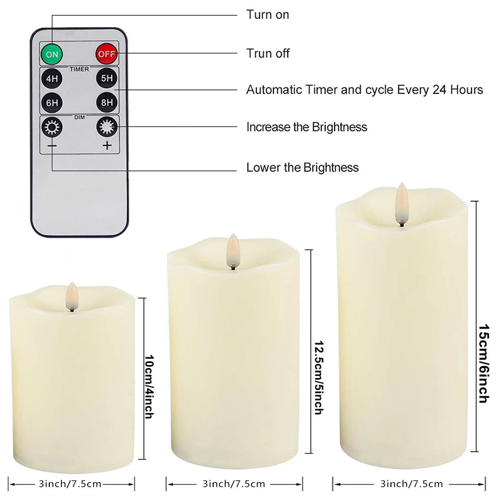 Warm white LED flameless candle set for home decorating, relaxing light, and remote-controlled timer use.