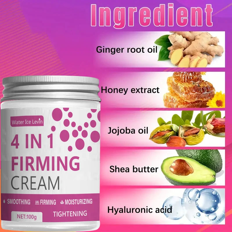 Water Ice Levin 4-in-1 Firming Body Cream 100g with key ingredients listed on pink background.