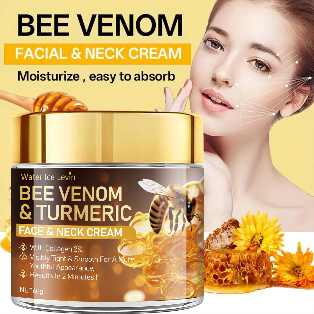 Water Ice Levin Bee Venom facial lifting cream for helping firm loose skin, smooth rough texture, and support a daily face care routine.