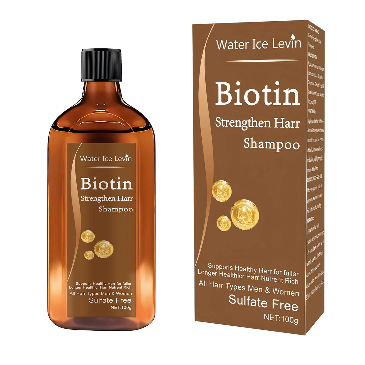 Water Ice Levin Biotin + Keratin hair shampoo bottle for nourishing weak hair, improving manageability, and routine hair care use.