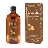 Water Ice Levin Biotin + Keratin strengthening shampoo bottle for weak hair repair, scalp refreshment, and hair growth care.