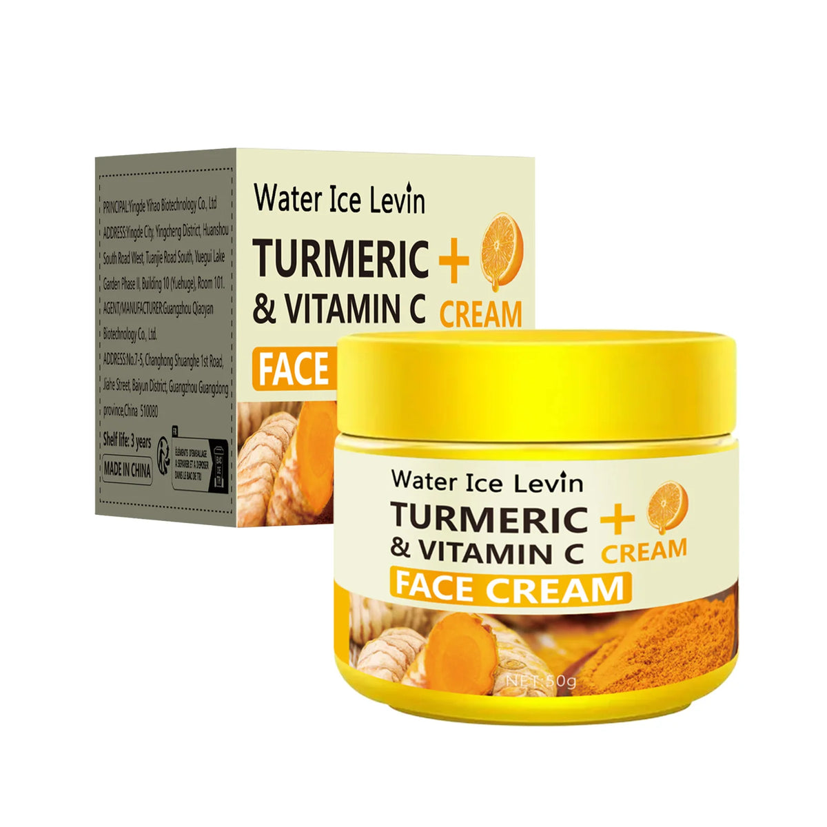 Water Ice Levin Turmeric skin care cream with Vitamin C and collagen for moisturizing, smoothing, and regular wrinkle care.