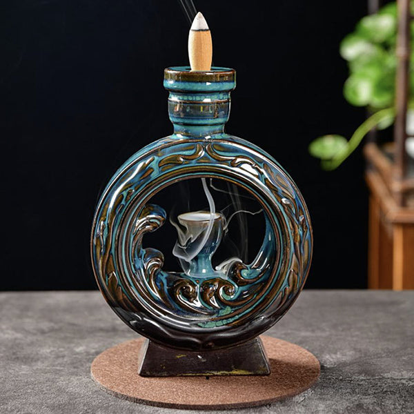 Waterfall Design Backflow Cone Burner ceramic incense holder for backflow cone incense burning, meditation, and home relaxation.