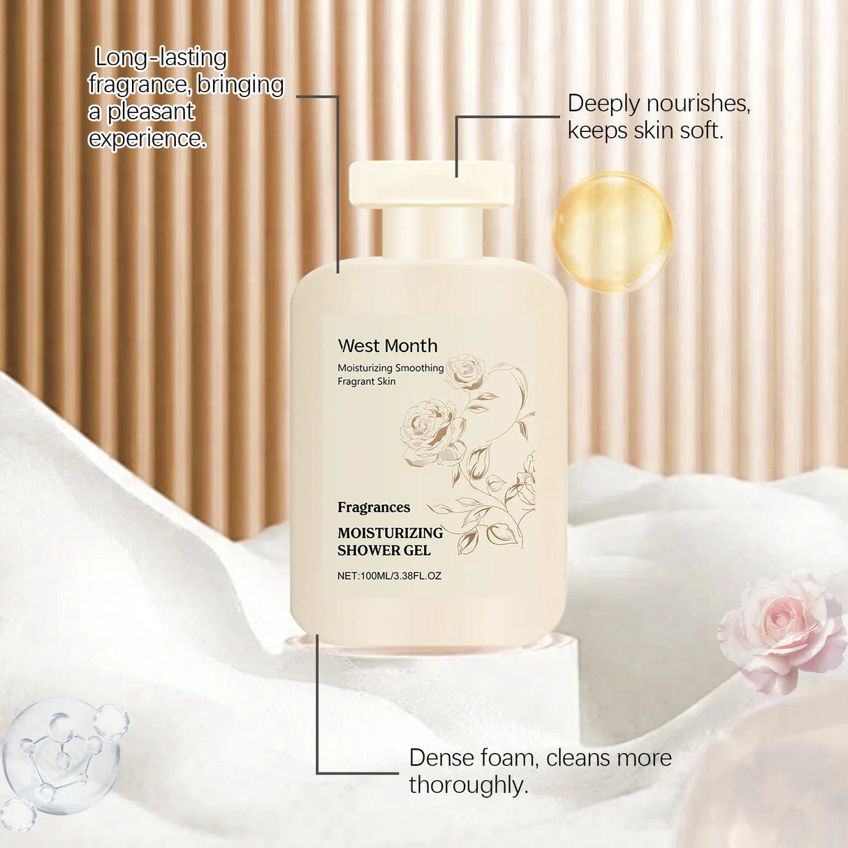 West&Month Hydrating Shower Gel 100ml bottle with key features and benefits highlighted on soft background.