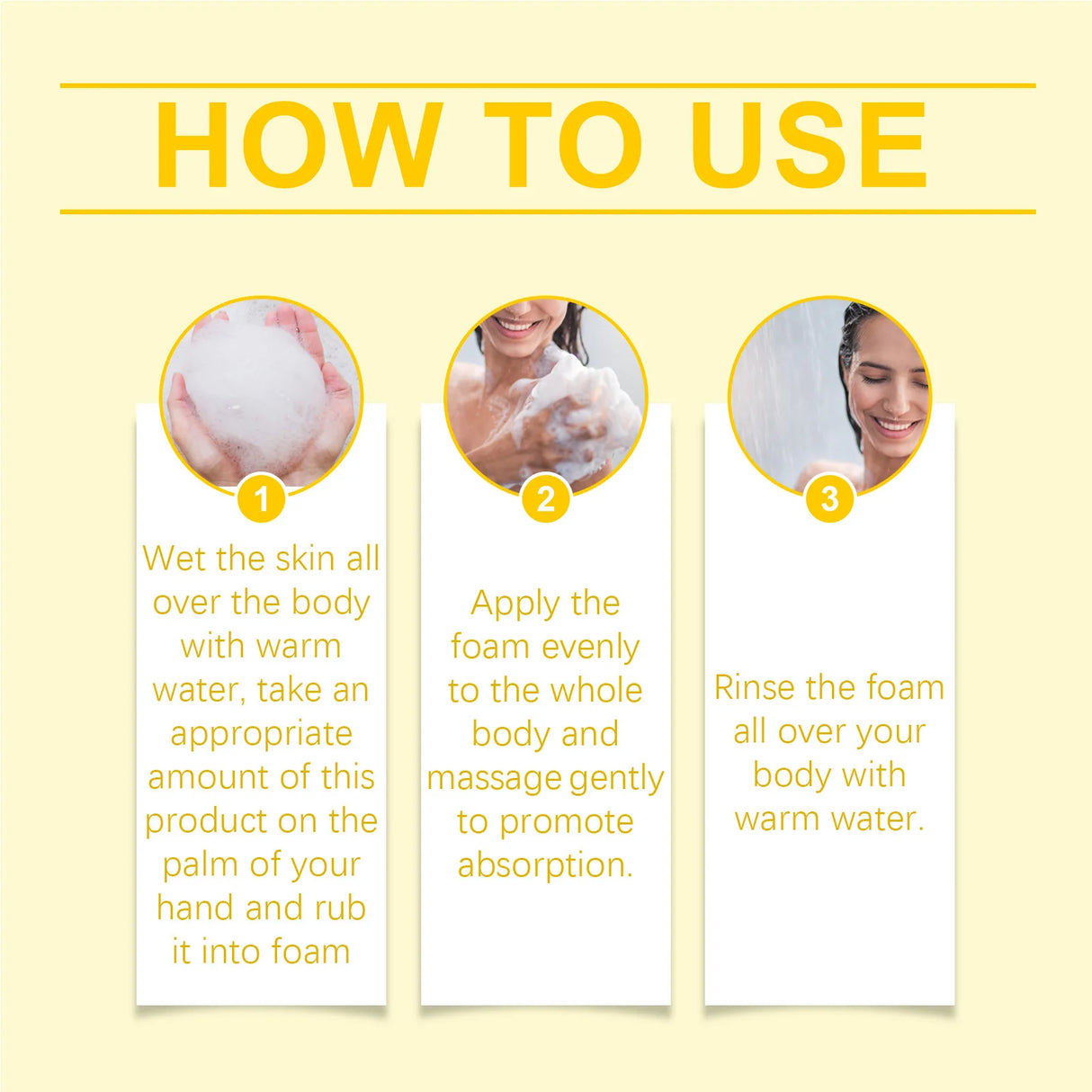 Usage instructions for West&Month Hydrating Shower Gel 100ml with step-by-step images on yellow background.