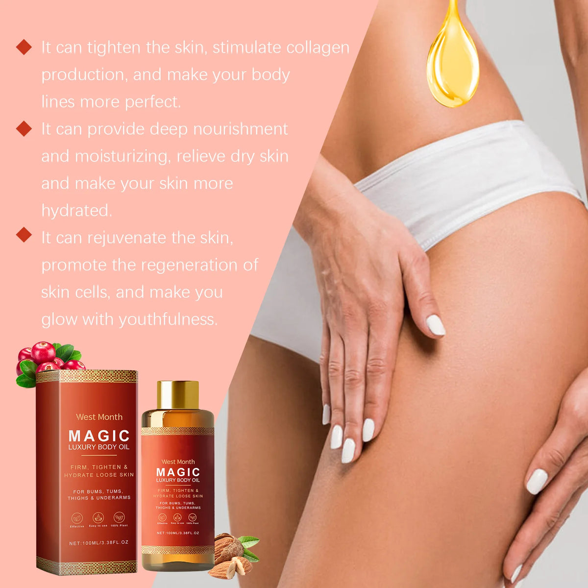 West Month Magic Body Oil for nourishing dry skin, improving elasticity, and everyday firming body care.