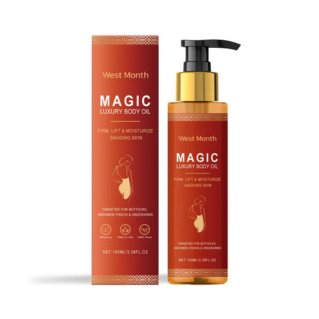 West Month Magic glow body oil bottle for nourishing skin, boosting softness, and routine body care.