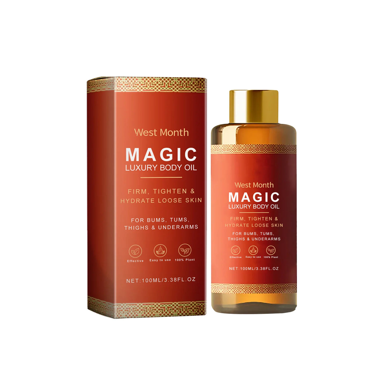 West Month Magic hydrating body oil bottle for firm skin texture, body moisture, and daily nourishment.