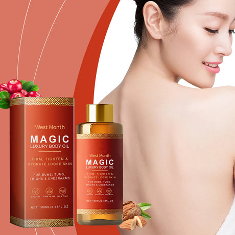 West Month Magic Luxury Body Oil bottle for moisturizing, softening, and daily skin care.