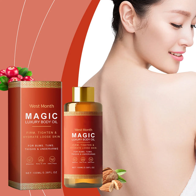 West Month Magic Luxury Body Oil bottle for moisturizing, softening, and daily skin care.