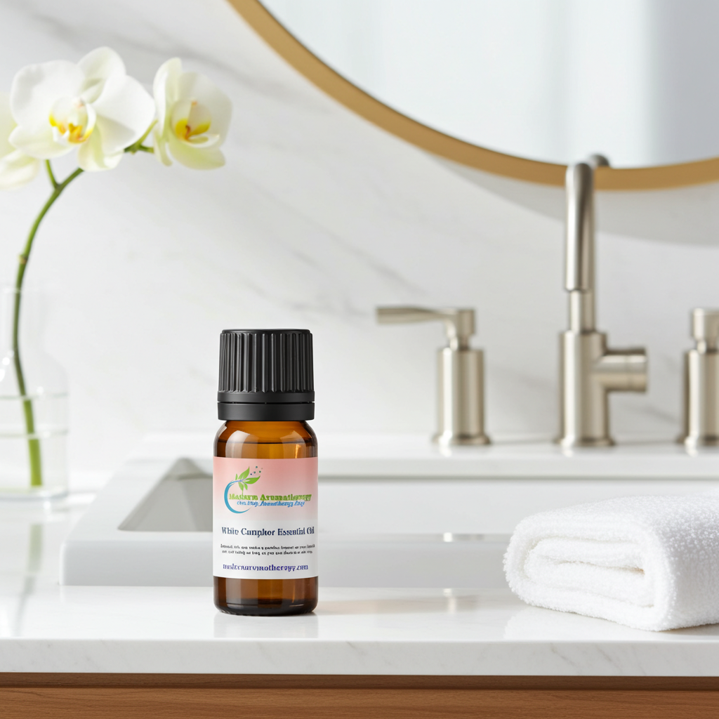 White Camphor Essential Oil bottle for aromatherapy, diffusion, and refreshing home fragrance use.