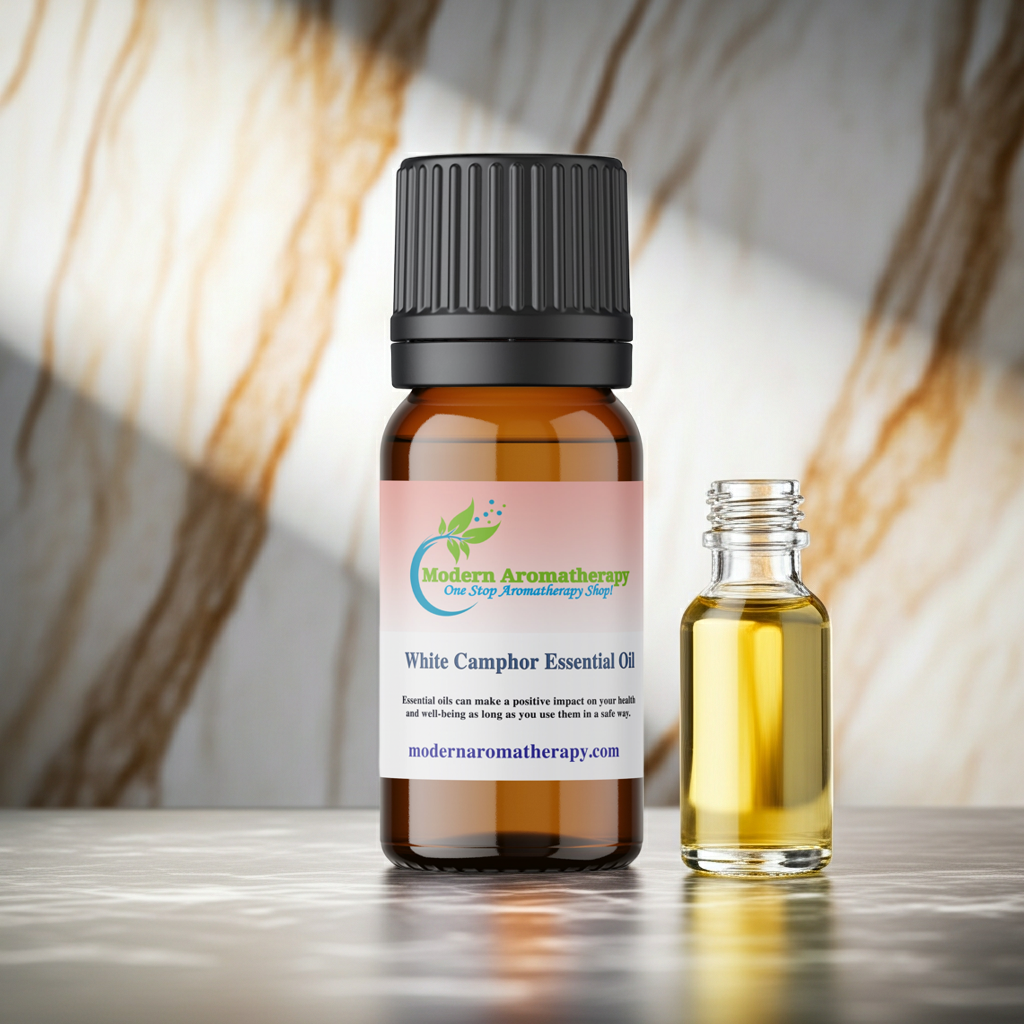 White Camphor Essential Oil bottle for aromatherapy, relaxation, and air-freshening diffuser blends.