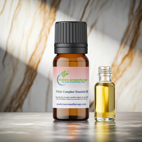 White Camphor Essential Oil bottle for aromatherapy, relaxation, and air-freshening diffuser blends.