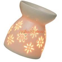 White ceramic tealight oil burner diffuser for scenting rooms with essential oils and relaxing aromatherapy blends.