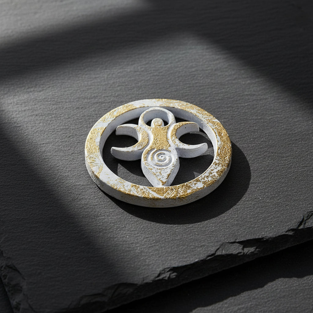 White with Gold Goddess metal altar tile, silver plated over solid brass, for altar decoration and ritual display