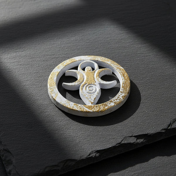 White with Gold Goddess metal altar tile, silver plated over solid brass, for altar decoration and ritual display