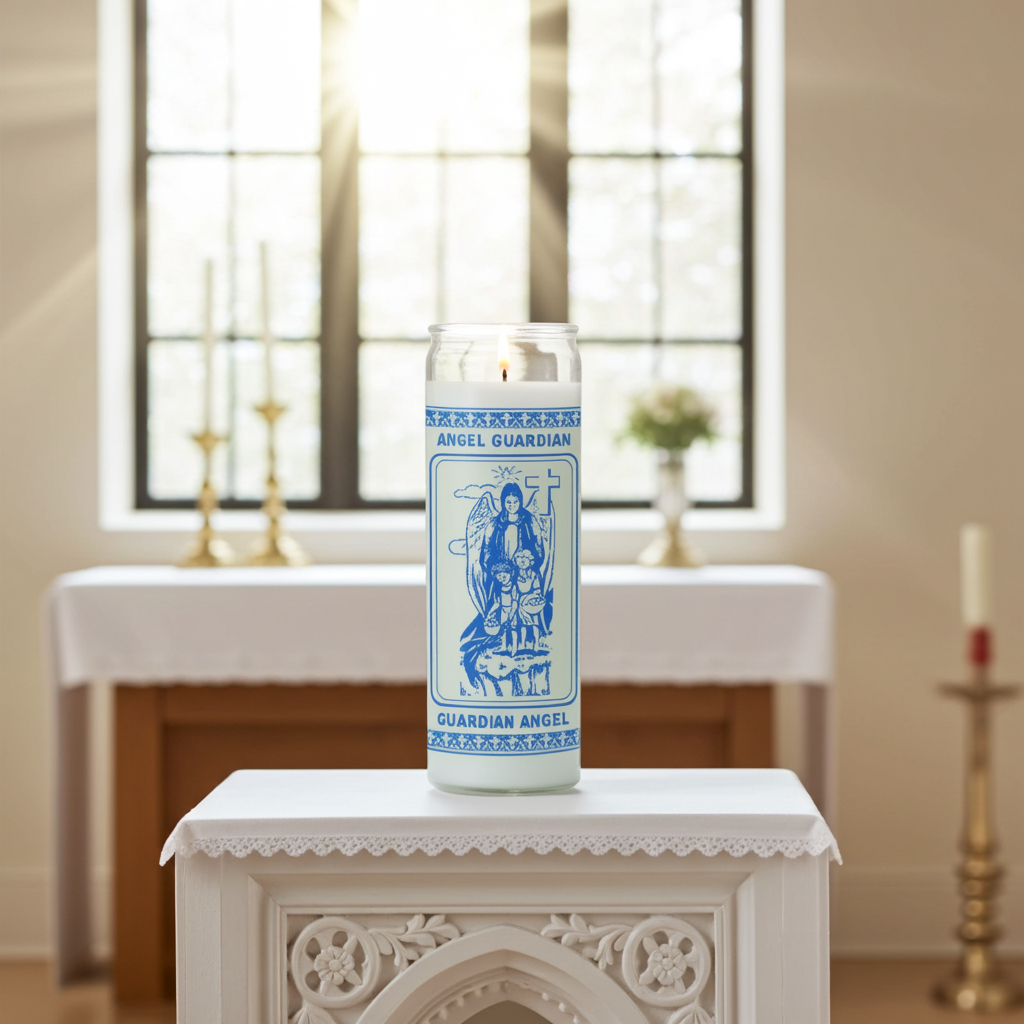 Guardian Angel white prayer candle in tall glass container for blessing, guidance, and daily spiritual practice.