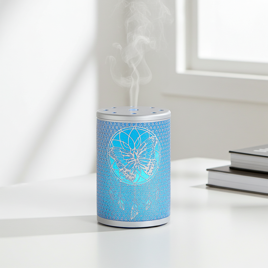 Dream Catcher white metal essential oil diffuser for aromatherapy, relaxing spaces, and daily fragrance use.