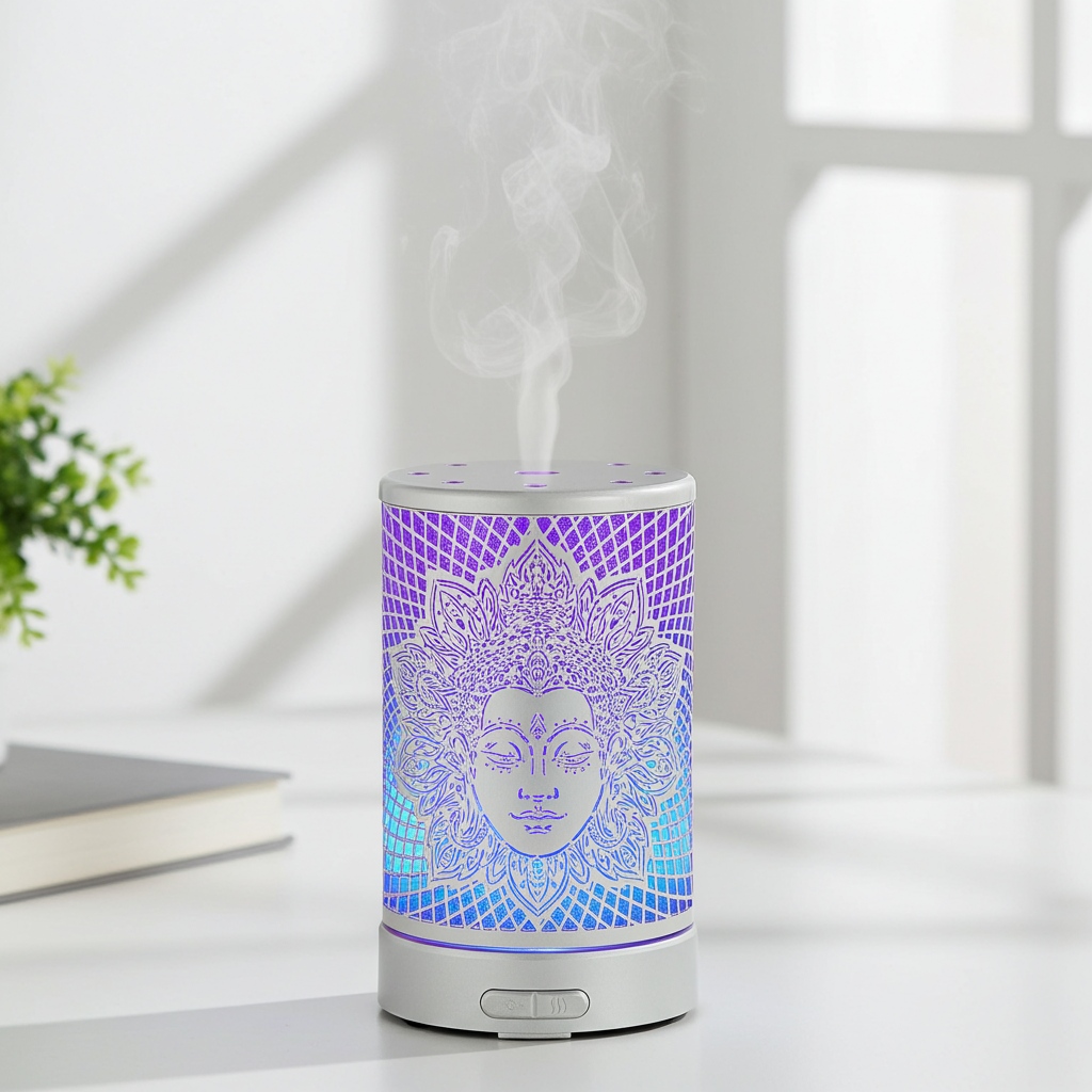 Goddess white metal essential oil diffuser for scenting rooms, calming spaces, and daily aromatherapy use.