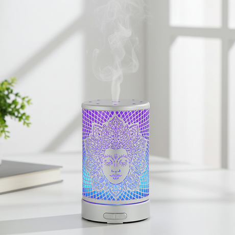 Goddess white metal essential oil diffuser for scenting rooms, calming spaces, and daily aromatherapy use.