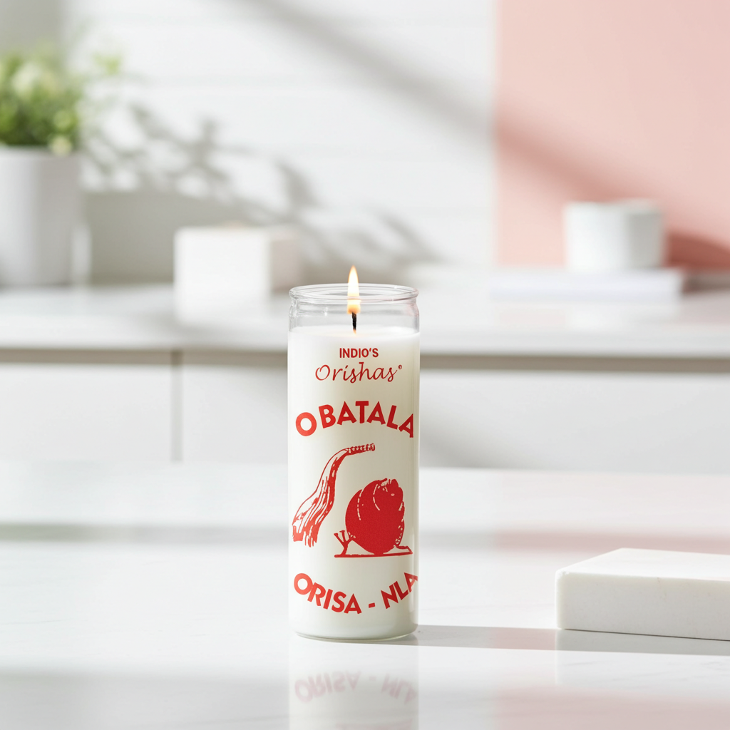OBATALA-ORISHAS White 7 Day Candle devotional glass candle for prayer, spiritual offerings, and sacred ritual practice.