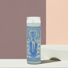 White Our Lady of Merced seven day prayer candle in tall glass jar for daily prayer, faith devotion, and home altar use.