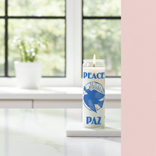 White Peace 7 day prayer candle in glass container for altar use, blessing, and peaceful intention setting.