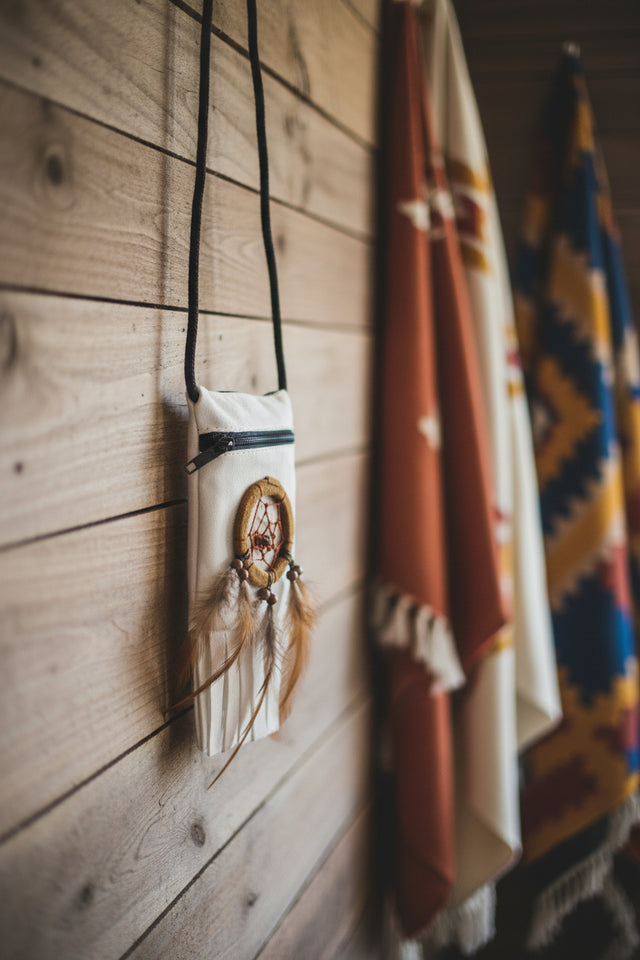 White pouch featuring a Dreamcatcher design for storing crystals, tarot cards, and small ritual items