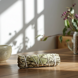 White Sage & Eucalyptus smudge bundle for home purification, meditation, and ceremonial cleansing practice.