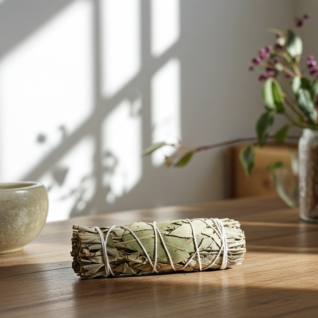White Sage & Eucalyptus smudge bundle for home purification, meditation, and ceremonial cleansing practice.