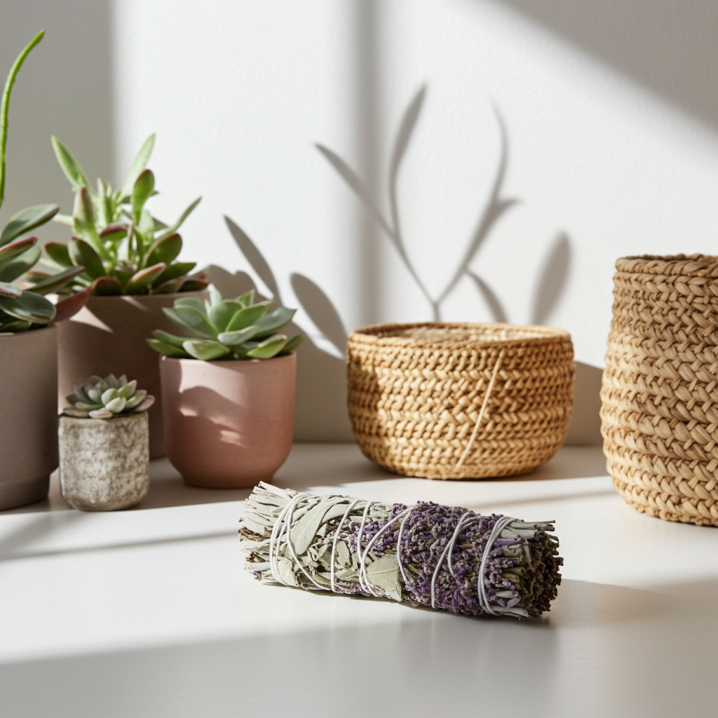 White Sage & Lavender smudge bundle for home cleansing, blessing rituals, and sacred space purification.