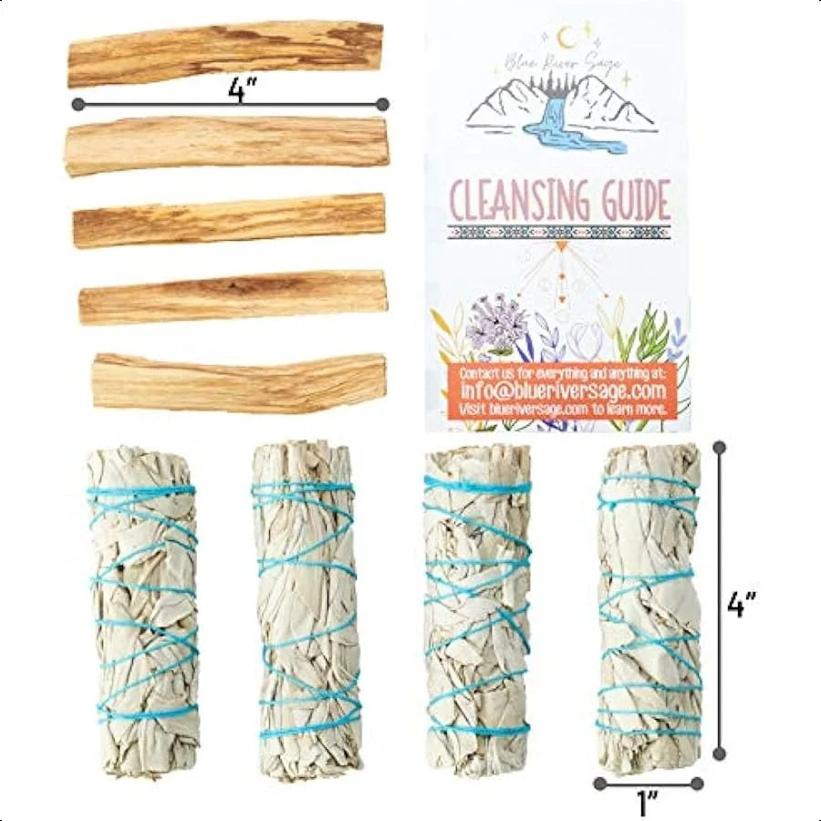 White Sage & Palo Santo cleansing kit with smudge tools for home blessing, aura cleansing, and ceremonial practice.