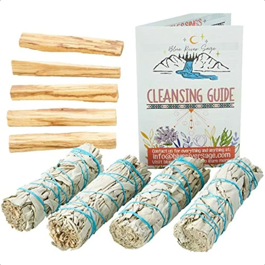 White Sage & Palo Santo ritual kit with spiritual cleansing supplies for ceremonial use, meditation, and energy balancing.
