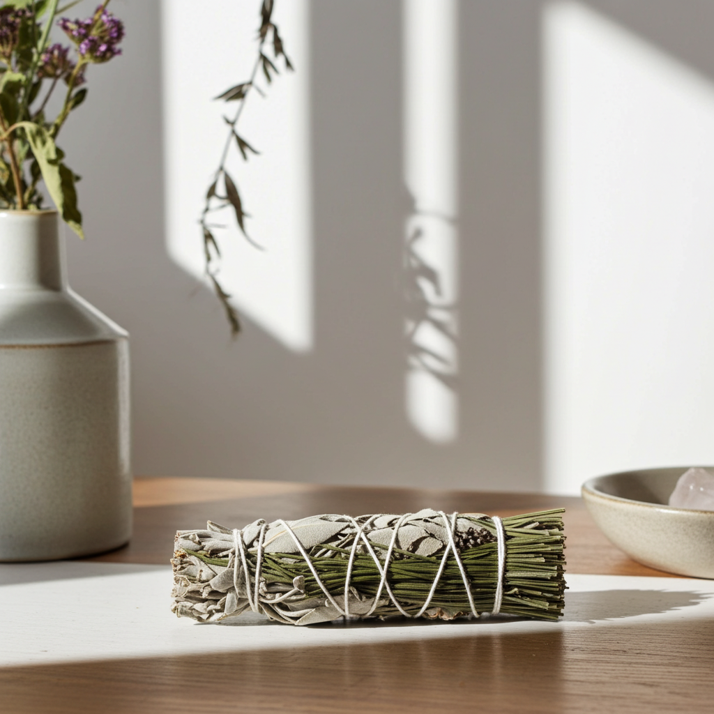 White Sage & Pine smudge bundle 4 inch herbal stick for space clearing, meditation, and ceremonial cleansing.