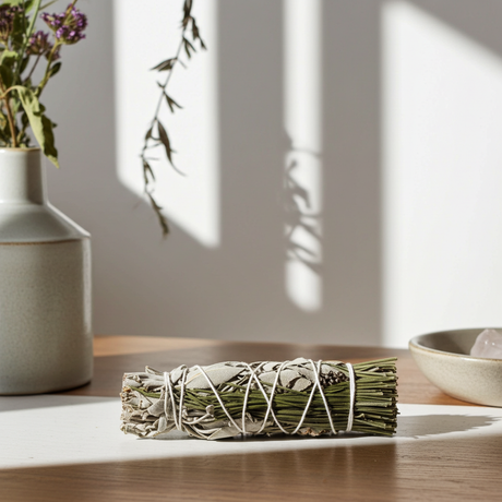 White Sage & Pine smudge bundle 4 inch herbal stick for space clearing, meditation, and ceremonial cleansing.