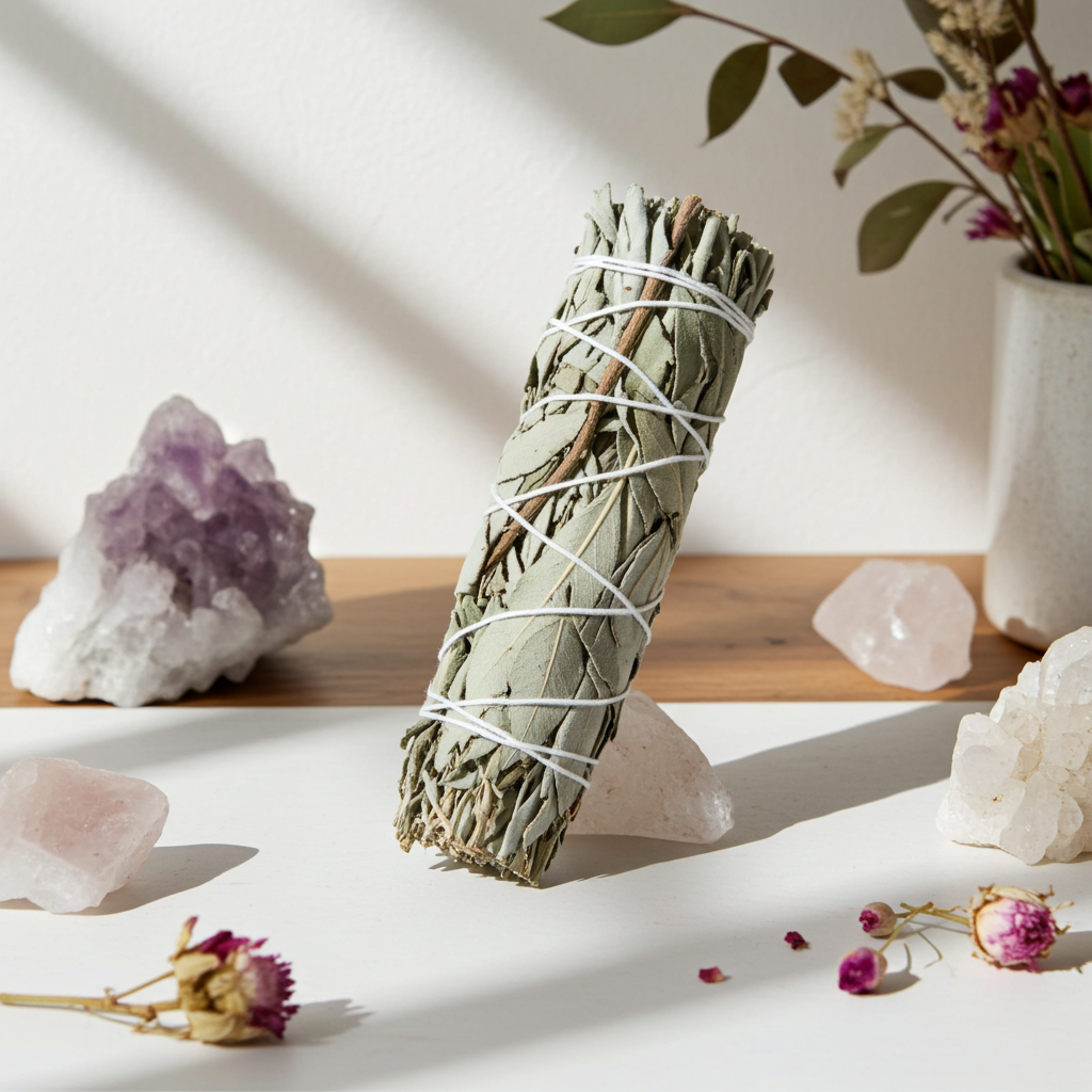 White Sage & California Black Lavender smudge bundle in 4 inch stick form for home cleansing, prayer, and sacred space purification.