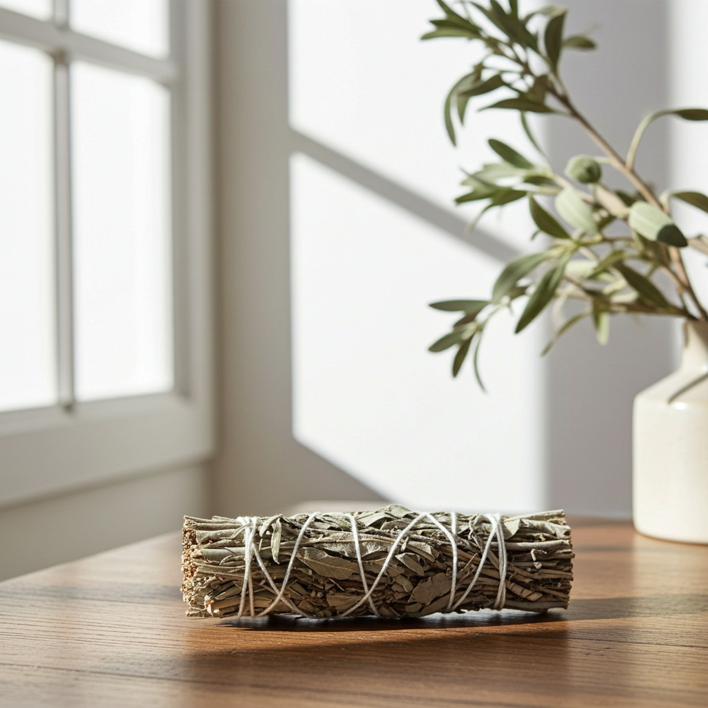 White Sage, Blue Sage & Yerba Santa smudge stick bundle, detail view