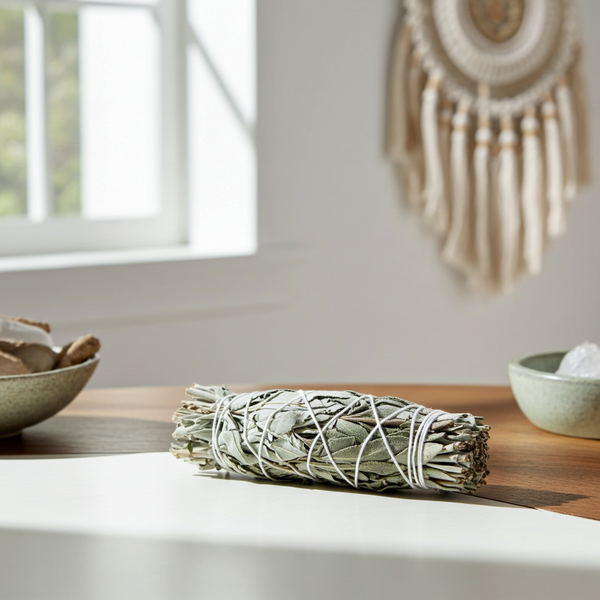 White Sage & California Black Lavender smudge stick 4 inch bundle for spiritual cleansing, energy clearing, and meditation rituals.