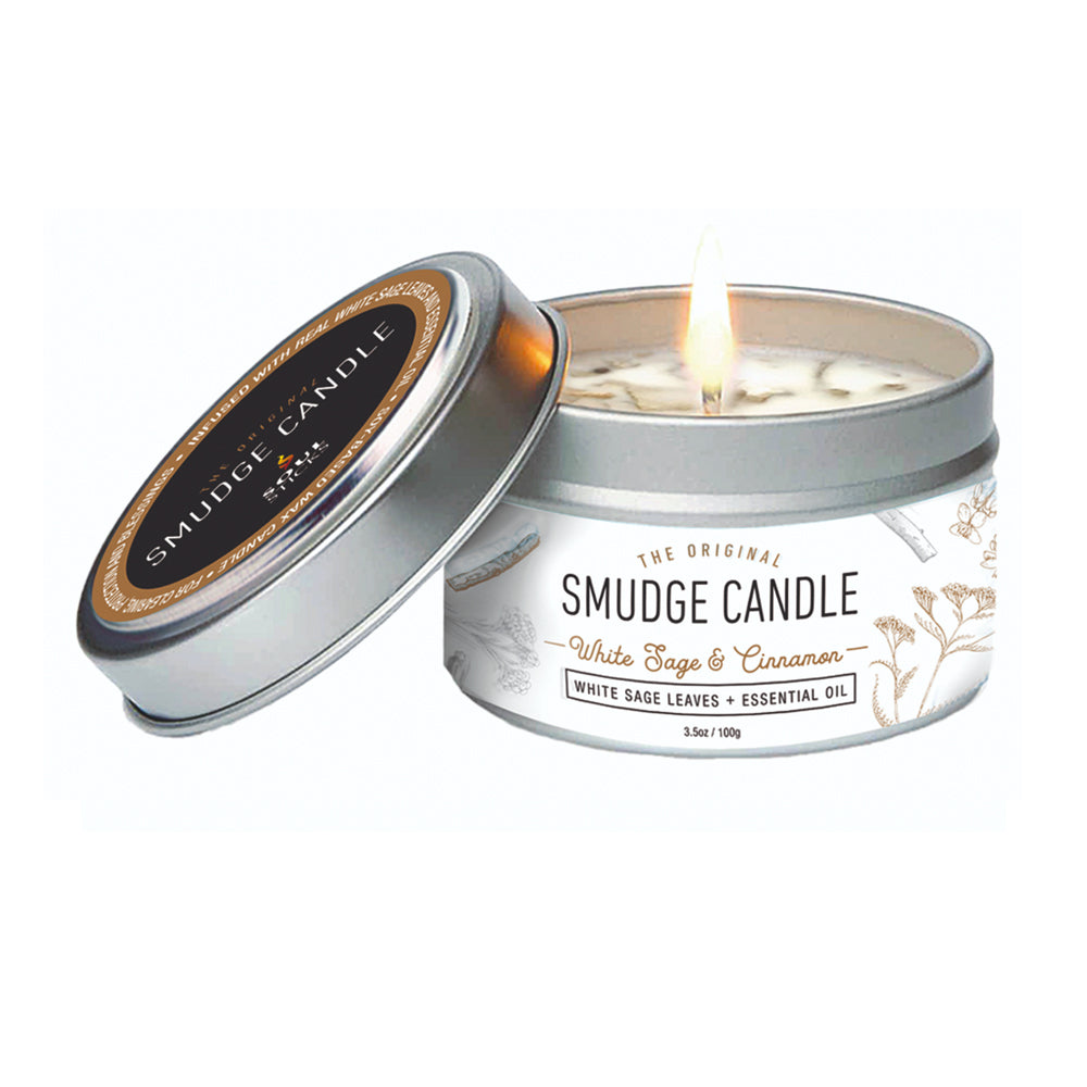 White Sage & Cinnamon Smudge Candle jar candle for spiritual cleansing, relaxation, and home ritual use.