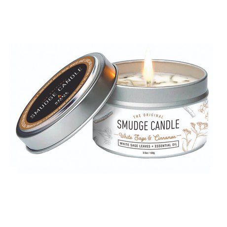White Sage & Cinnamon Smudge Candle jar candle for spiritual cleansing, relaxation, and home ritual use.