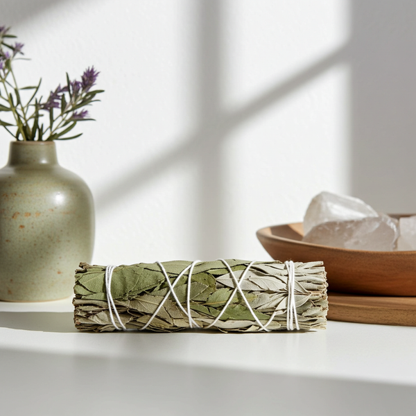 White Sage & Eucalyptus smudge stick bundle for energy cleansing, smoke cleansing, and spiritual ritual use.