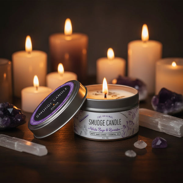White Sage & Lavender Smudge Candle jar candle for spiritual cleansing, relaxation, and home ritual use.