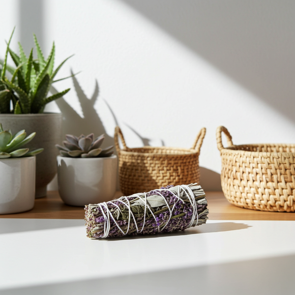 White Sage & Lavender smudge stick 3-4 inch bundle for spiritual cleansing, meditation, and energy clearing.