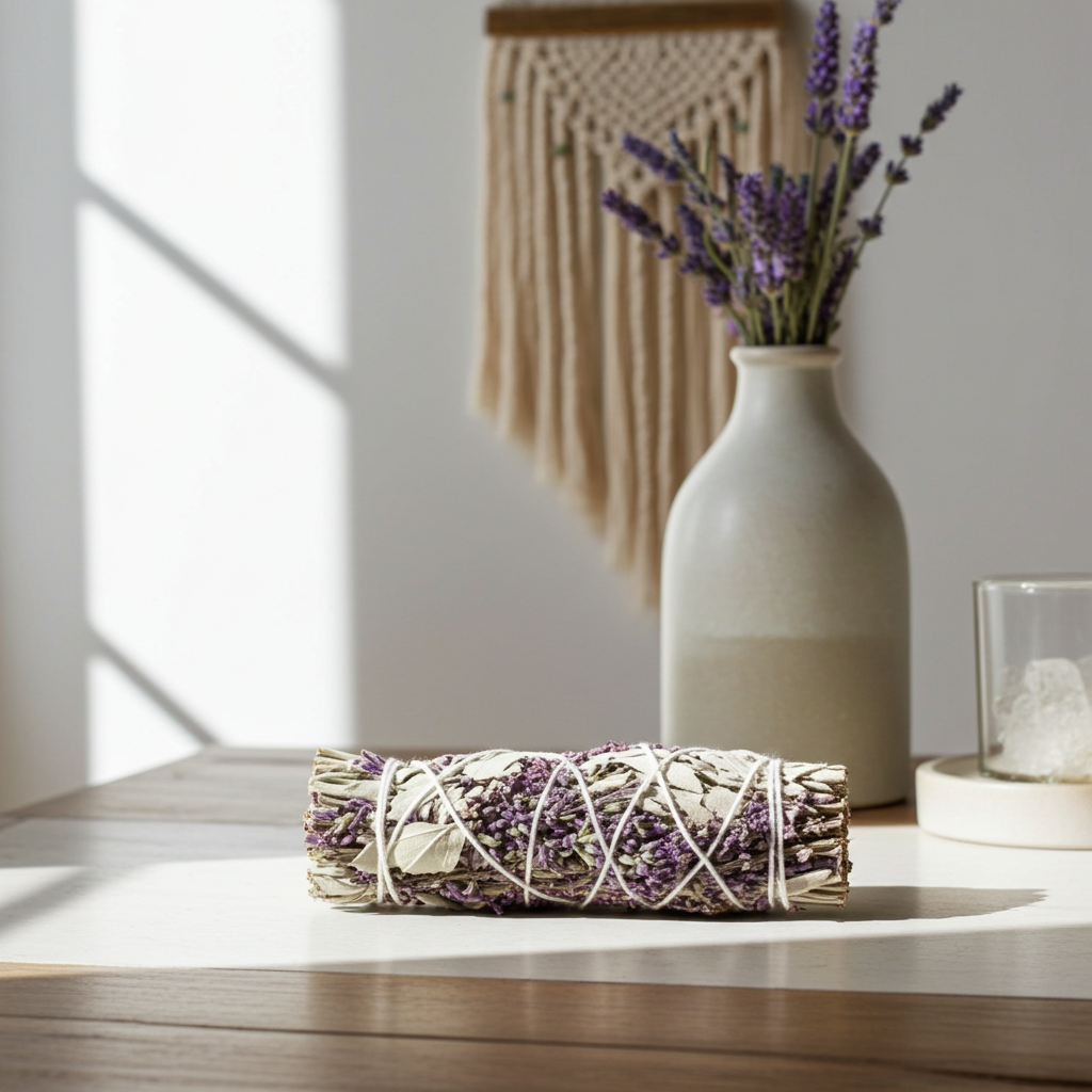White Sage & Purple Royal Lavender smudge stick bundle for home cleansing, ritual use, and peaceful atmosphere.