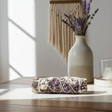 White Sage & Purple Royal Lavender smudge stick bundle for home cleansing, ritual use, and peaceful atmosphere.