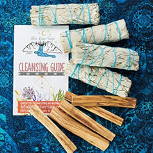White Sage & Palo Santo spiritual cleansing set with smudge bundle for meditation, ritual cleansing, and sacred space purification.