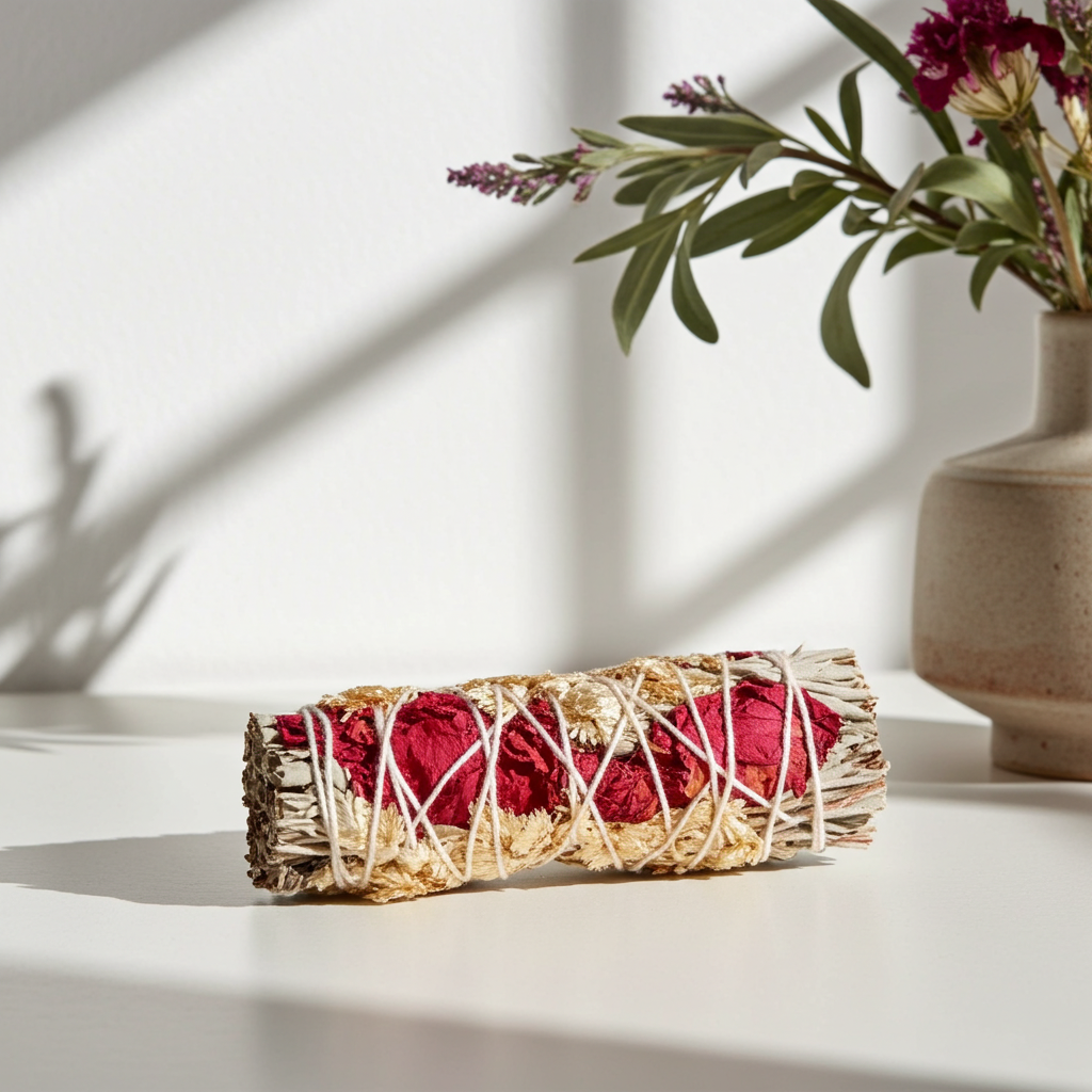 White Sage with Panacium & Red Satice smudge stick bundle, detail view