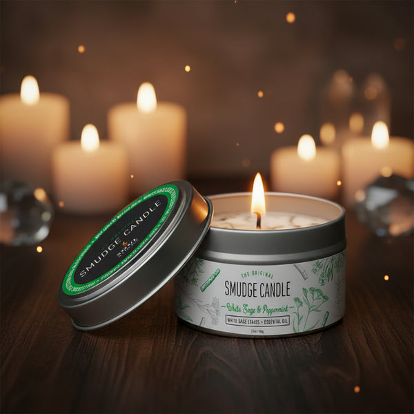 White Sage & Peppermint Smudge Candle jar candle for spiritual cleansing, relaxation, and home ritual use.