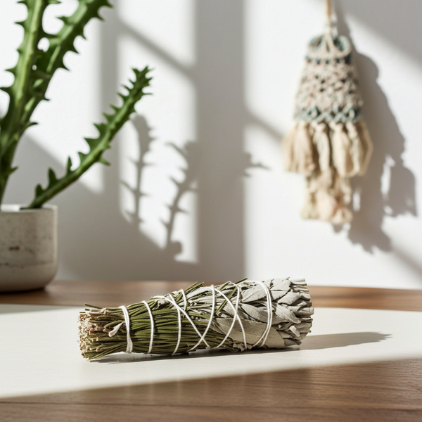 White Sage & Pine smudge stick 4 inch bundle for energy cleansing, smoke purification, and spiritual ritual use.